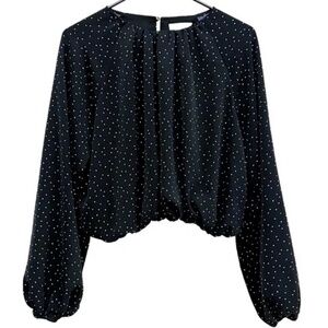 H&M Black White Polka Dot Bubble Hem Long Sleeve Cropped Blouse Top Size M